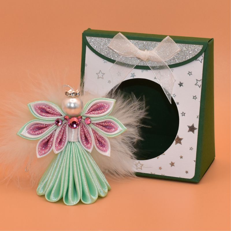 Anděl kanzashi malý - zelenorůžový