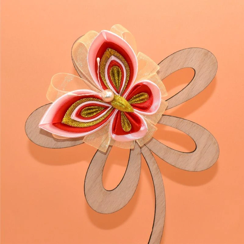 Motýl kanzashi - růžovočervenozlatý