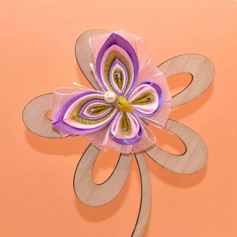 Motýl kanzashi - fialovorůžovozlatý