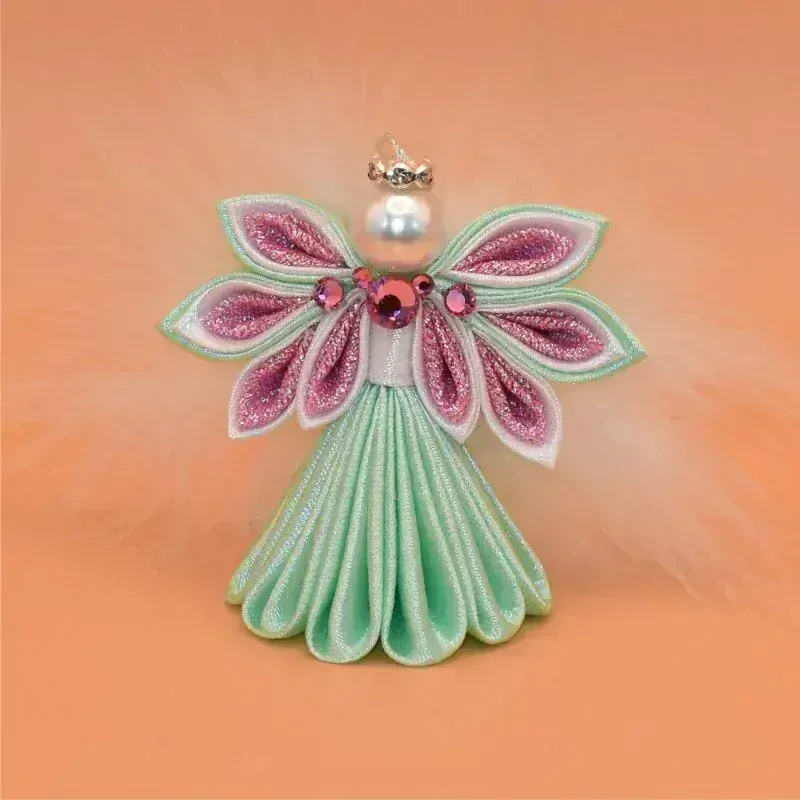 Anděl kanzashi malý - zelenorůžový