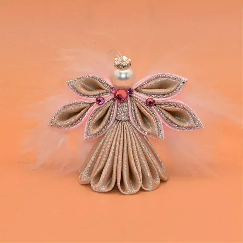 Anděl kanzashi malý - kávovorůžový