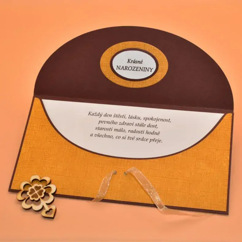 Obálka na peníze s textem hnědá - bílá/okrové plátno 1