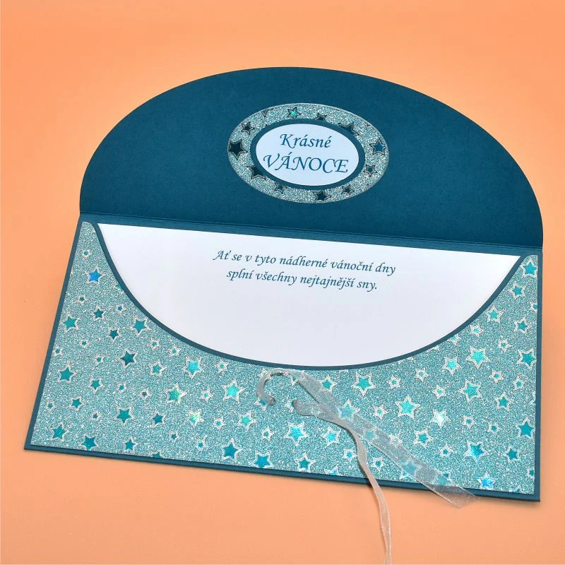 Vánoční obálka na peníze s textem 1 - stromek petrolejová/bílá