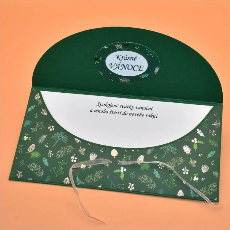 Vánoční obálka na peníze s textem - vločka zelenobílá