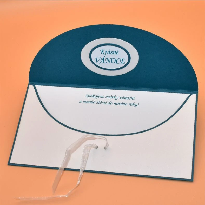 Vánoční obálka na peníze s textem - zvonek bílá/petrolejová