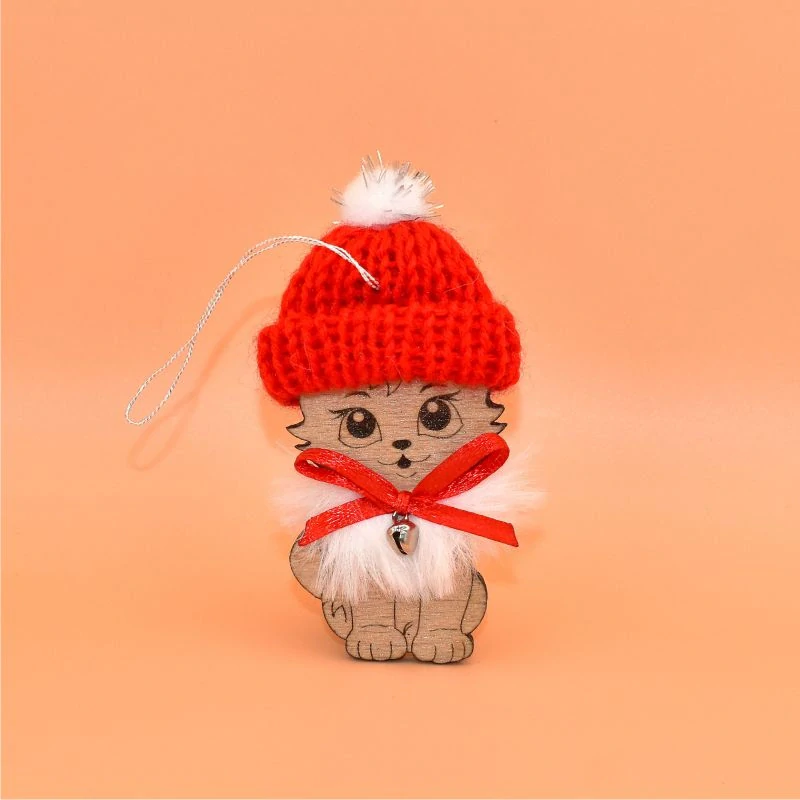 Závěs dřevo s čepičkou - Kočka červená