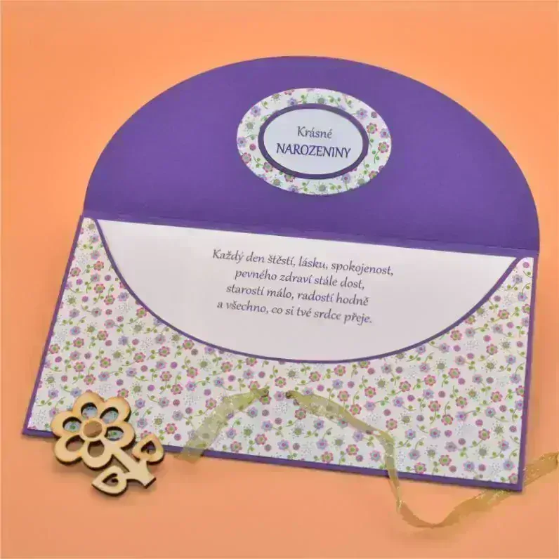 Obálka na peníze s textem fialová - bílá/květy 3