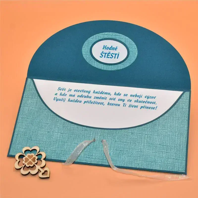 Obálka na peníze s textem modrá - bílá/modrozelené plátno 2