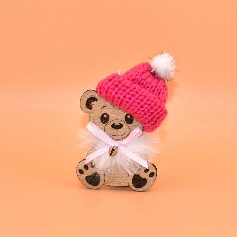 Závěs dřevo s čepičkou - Medvěd fialová