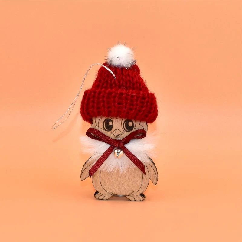 Závěs dřevo s čepičkou - Tučňák fialová