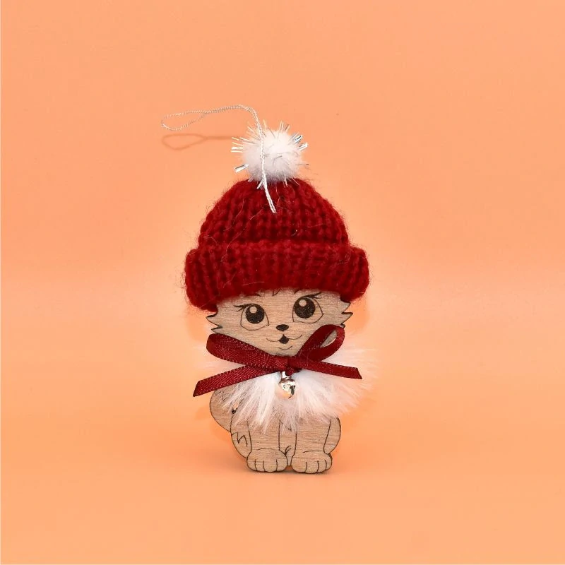 Závěs dřevo s čepičkou - Kočka červená