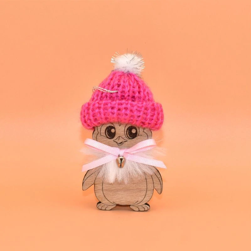 Závěs dřevo s čepičkou - Tučňák fialová