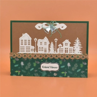 Gratulace Vánoce - Domečky zelená