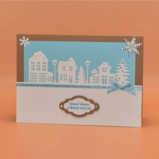 Gratulace Vánoce - Domečky modrá kraft