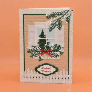 Gratulace Vánoce - Okno červená mašlička