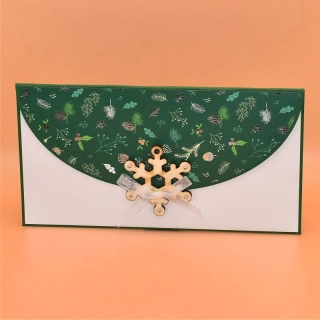 Vánoční obálka na peníze s textem - vločka bílozelená